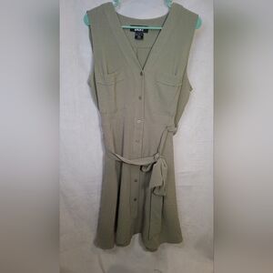 DKNY Women's Sage Green Button Down Dress Size 16 with front Tie EUC